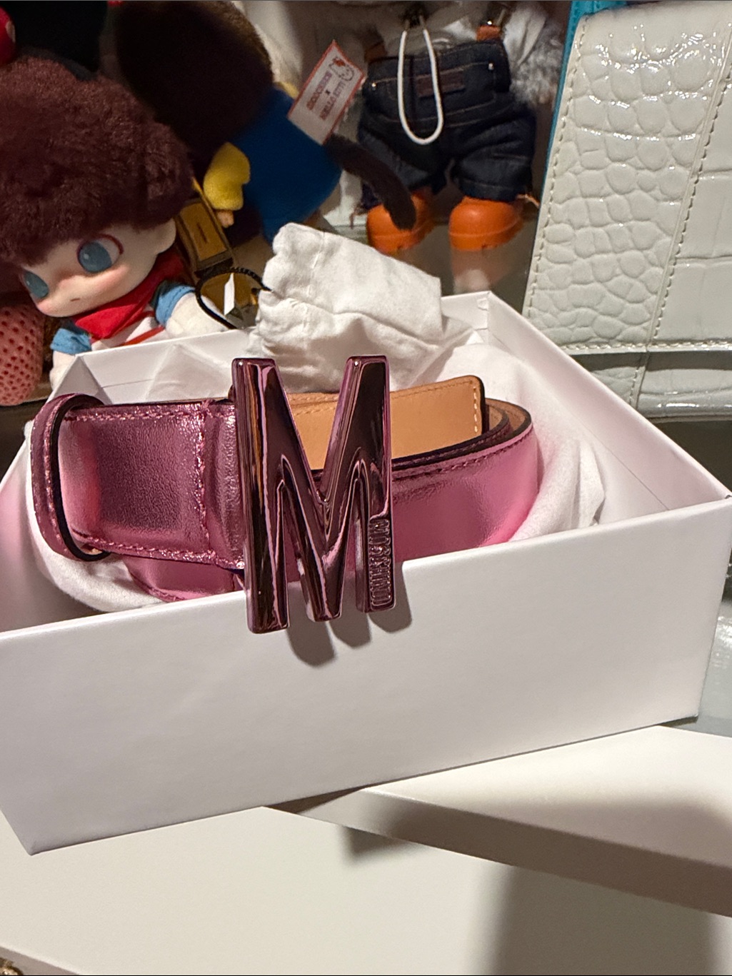 Moschino Metallic Pink M Buckle Belt